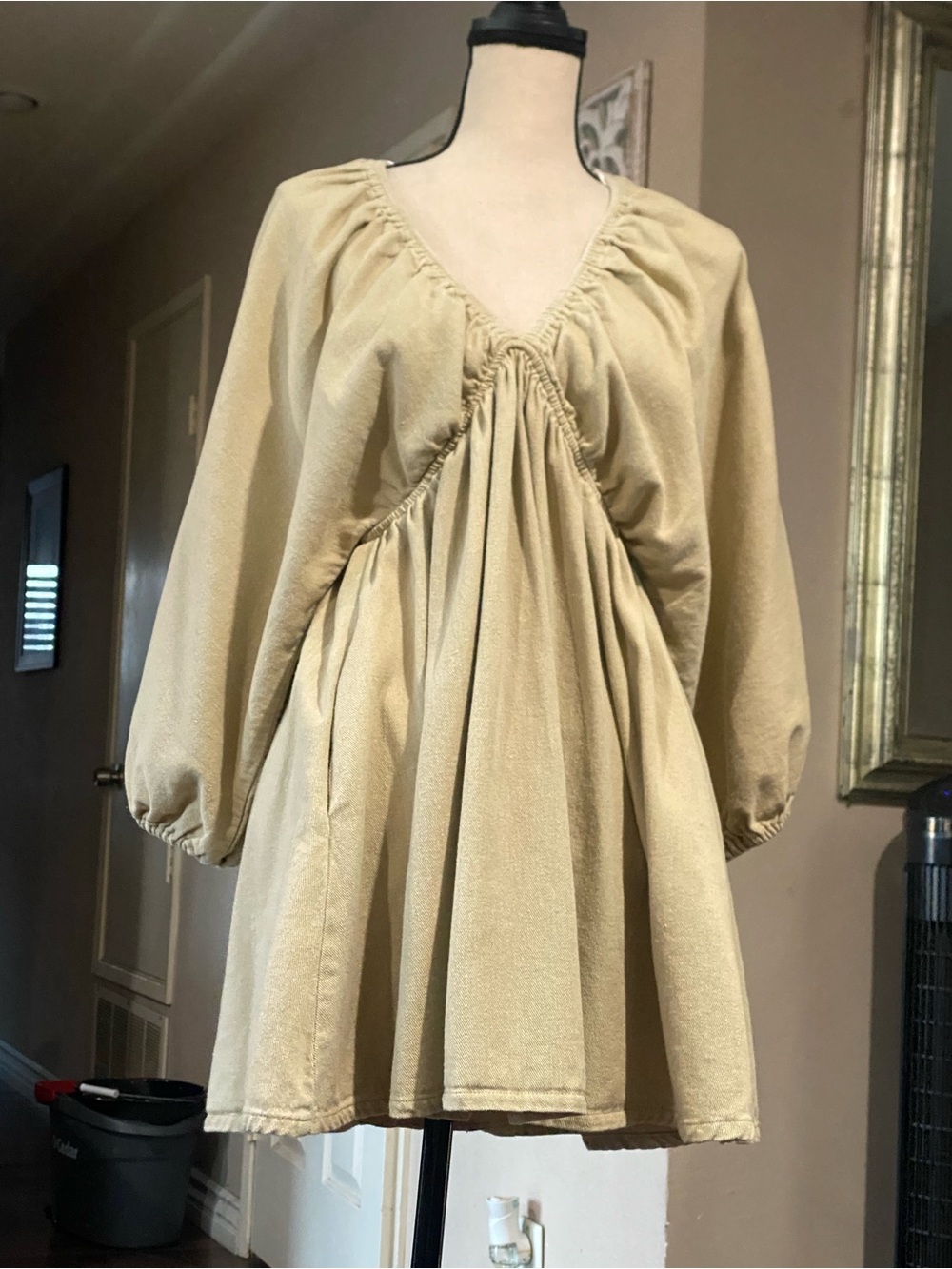 Loose-Fit V-Neck Babydoll Dress in Beige